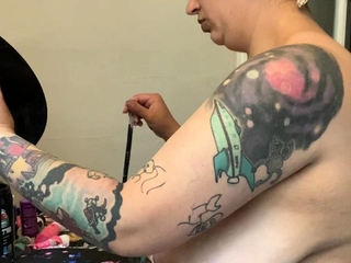 Busty curly brunette with big boobs fucks on couch